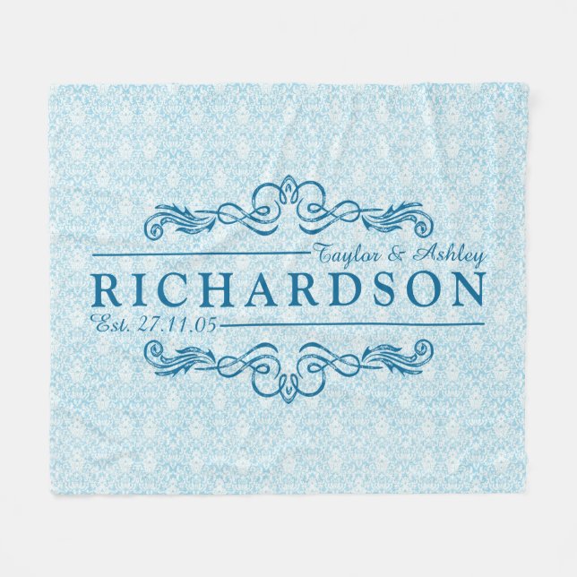 Make Your Own Sky Blue Damask Anniversary Monogram Fleece Blanket (Front (Horizontal))