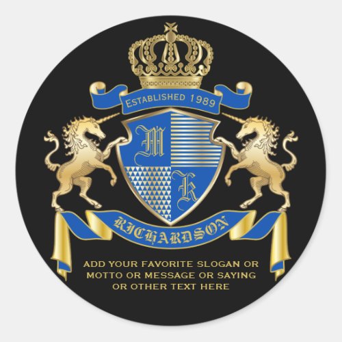 Make Your Own Unicorn Coat of Arms Blue Emblem Classic Round Sticker