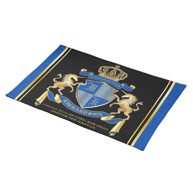 Make Your Own Unicorn Coat of Arms Blue Emblem Cloth Placemat (On Table)