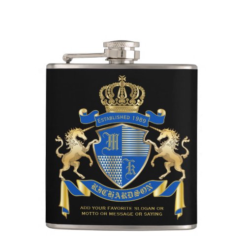Make Your Own Unicorn Coat of Arms Blue Emblem Flask