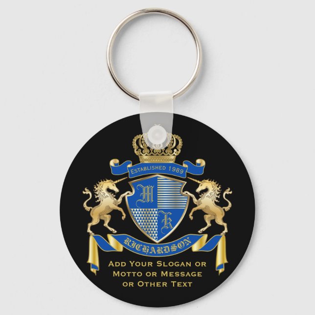 Make Your Own Unicorn Coat of Arms Blue Emblem Keychain (Front)