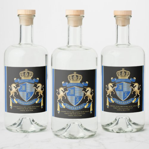 Make Your Own Unicorn Coat of Arms Blue Emblem Liquor Bottle Label