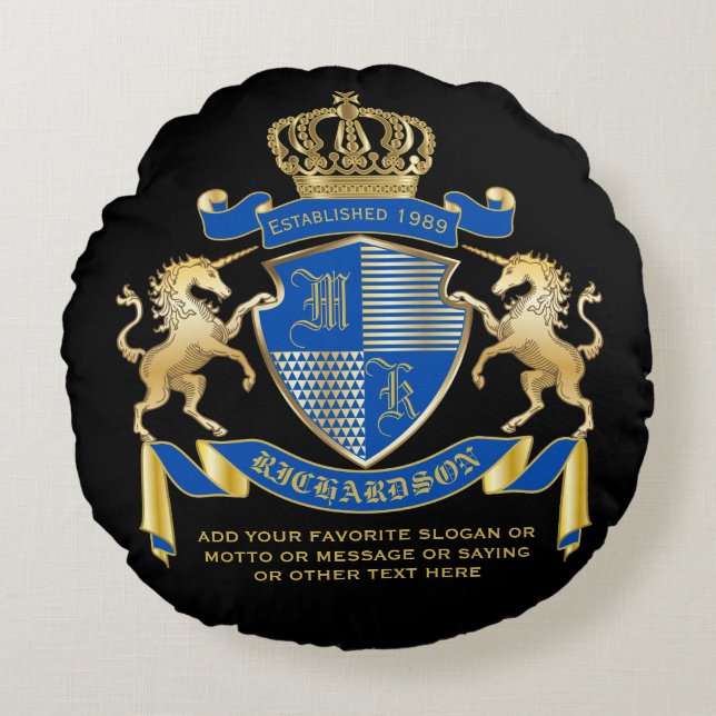 Make Your Own Unicorn Coat of Arms Blue Emblem Round Pillow (Front)