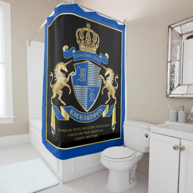 Make Your Own Unicorn Coat of Arms Blue Emblem Shower Curtain (In Situ)