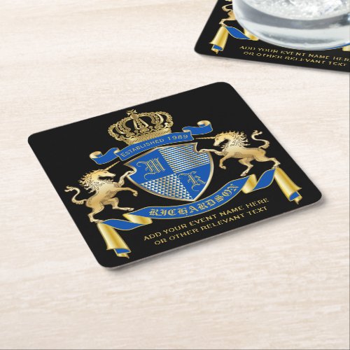 Make Your Own Unicorn Coat of Arms Blue Emblem Square Paper Coaster