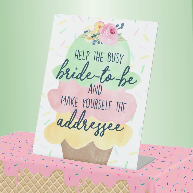 Make Yourself The Addressee Bridal Shower Pedestal Sign (Bride to Be Addressee Watercolor Ice Cream Bridal Shower Pedestal Table Sign)