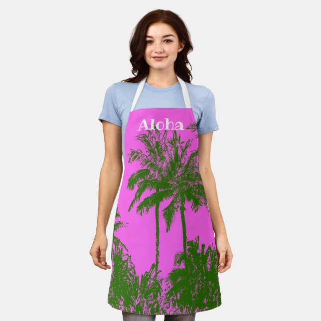 Makena Beach Hawaiian Sketchy Palms - Fuchsia Apron (Worn)