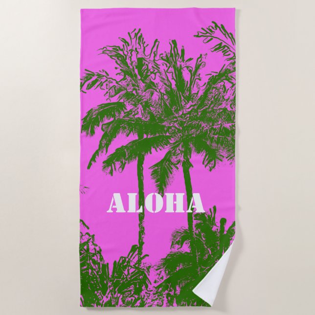 Makena Beach Hawaiian Sketchy Palms Fuchsia Beach Towel (Front)
