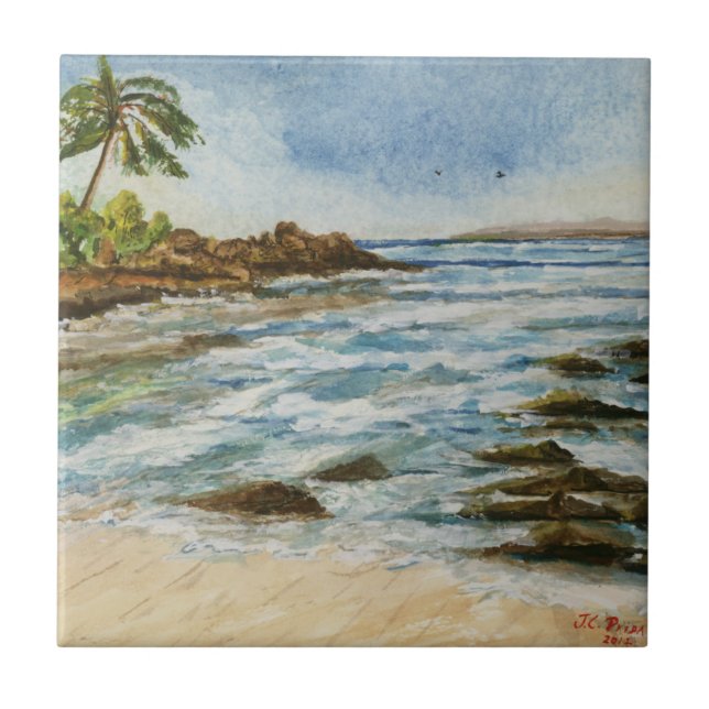 Makena Cove Hawaii Beach Watercolor Ceramic Tile (Front)