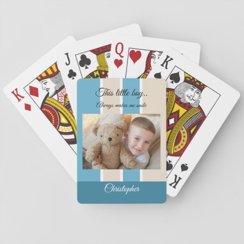 Makes me smile blue cream stripes photo playing cards