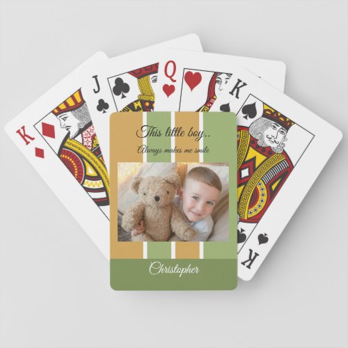 Makes me smile green gold stripes photo playing cards