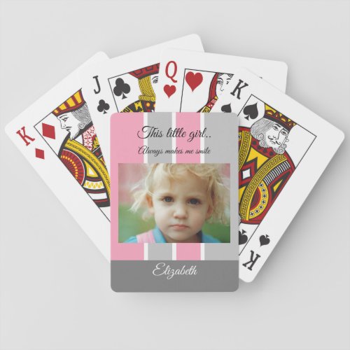 Makes me smile pink grey stripes photo playing cards
