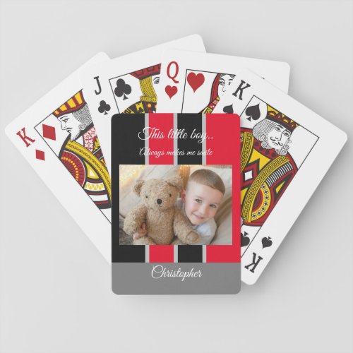 Makes me smile red black stripes photo playing cards