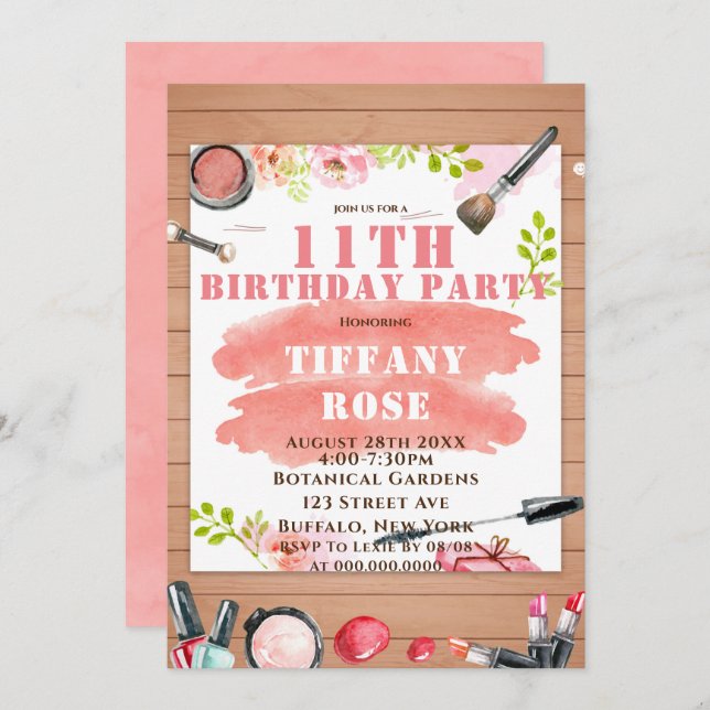 Makeup 11th Birthday Party Invitations  (Front/Back)