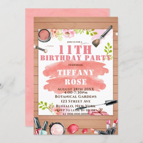 Makeup 11th Birthday Party Invitations 