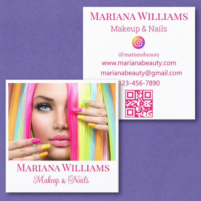 makeup and nails photo minimal pink script qr code square business card (Creator Uploaded)