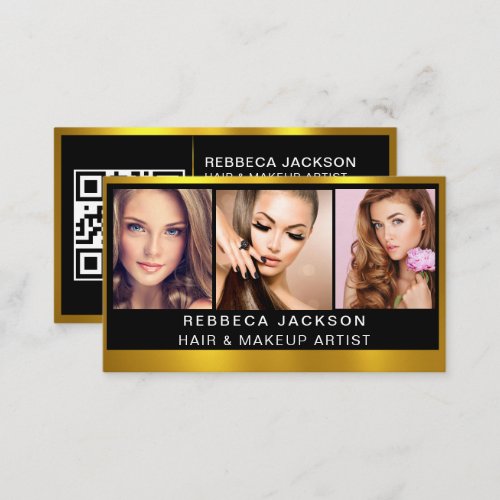Makeup Artist 3 Photo Gold  QR Code Business Card