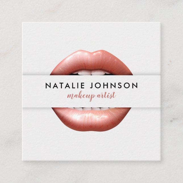 Makeup artist 3d chic pink lips modern gray beauty square business card (Front)
