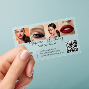 Makeup Artist 4 Photo Collage QR Code Clear Business Cards