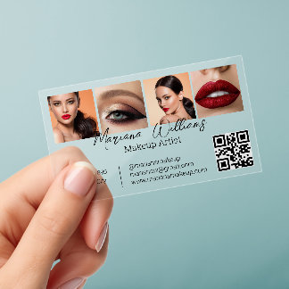 Makeup Artist 4 Photo Collage QR Code Clear Business Cards
