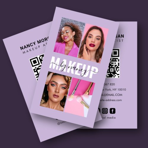Makeup Artist 4 Photo Grid QR Code Lavender Business Card