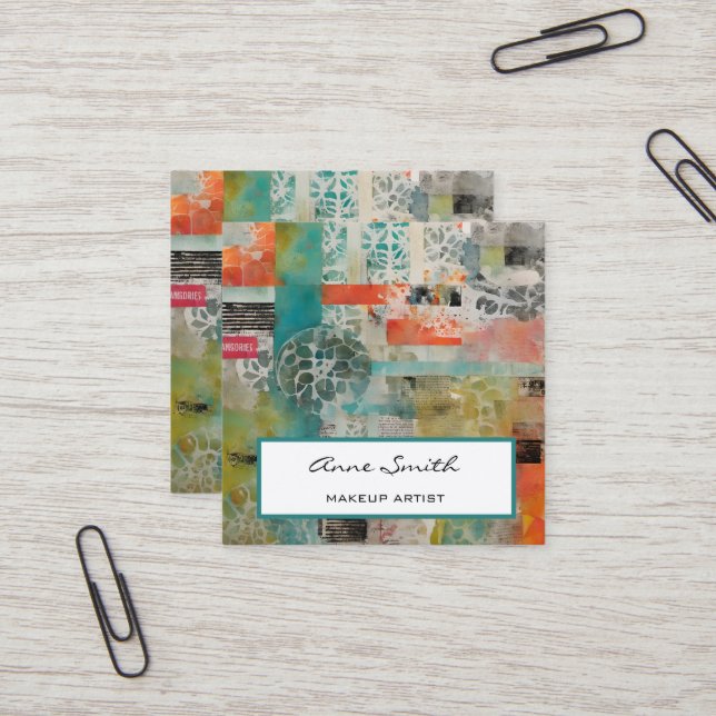 Makeup Artist Abstract Mixed Media Collage Square Business Card (Front/Back In Situ)