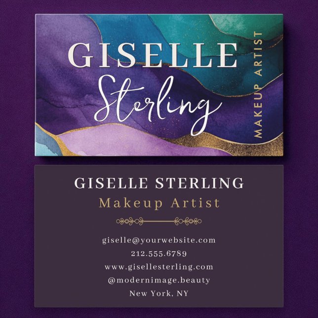 Makeup Artist Abstract Purple Gold Watercolor  Business Card (Creator Uploaded)