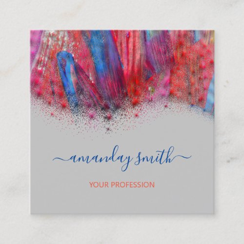 Makeup Artist Abstract Strokes Colorful Gray Red Square Business Card