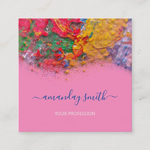 Makeup Artist Abstract Strokes Colorful White Pink Square Business Card
