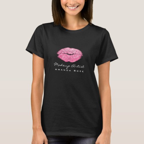 Makeup Artist Beauty Kiss Lips Pink Black Glitter T_Shirt