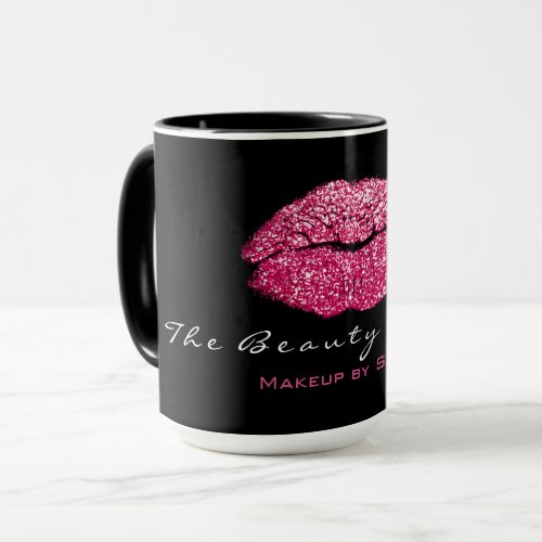 Makeup Artist Beauty Kiss Pink Glitter Lips Black Mug