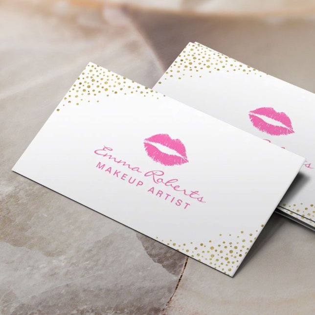Makeup Artist Beauty Salon Pink Lips Gold Confetti Business Card (Creator Uploaded)