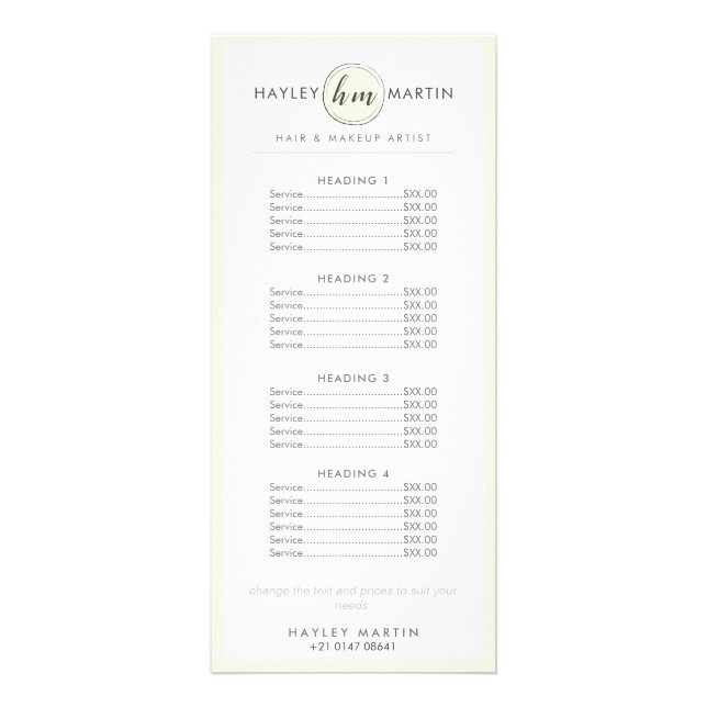 Makeup Artist Beauty Salon Professional Price List Rack Card (Front)