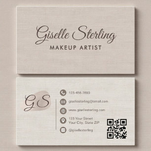 Makeup Artist Beige Linen Modern Elegant QR Code Business Card