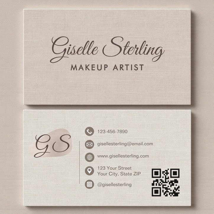Makeup Artist Beige Linen Modern Elegant QR Code Business Card