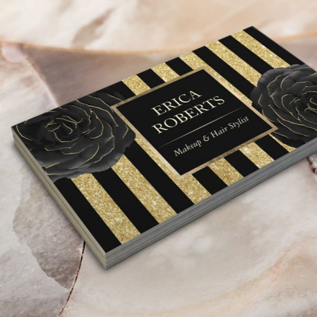 Makeup Artist Black Floral Modern Gold Stripes Business Card (Creator Uploaded)