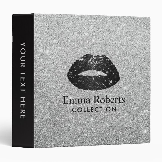 Makeup Artist Black Glitter Lips Modern Silver Binder (Front/Spine)