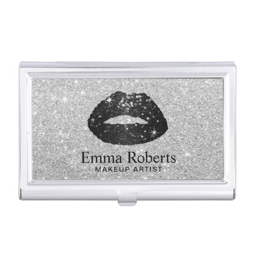 Makeup Artist Black Glitter Lips Modern Silver Business Card Holder