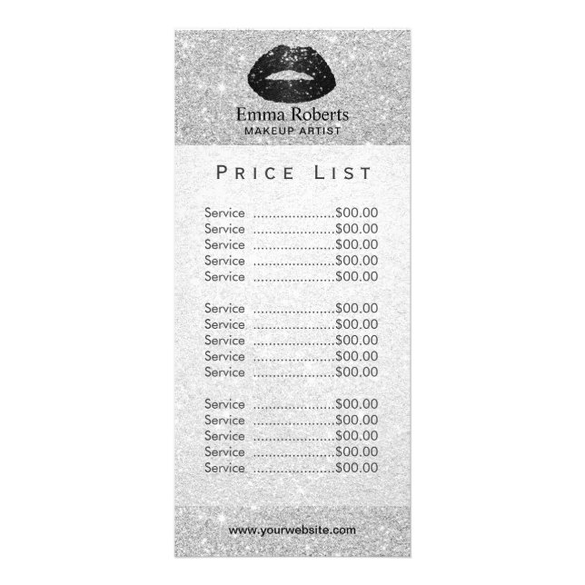 Makeup Artist Black Glitter Lips Silver Price List Rack Card (Front)