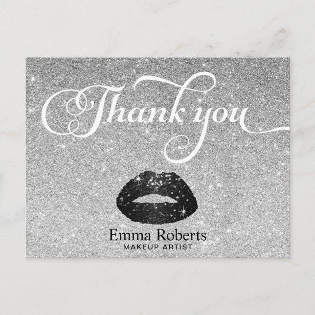 Makeup Artist Black Glitter Lips Silver Thank You Postcard (Front)