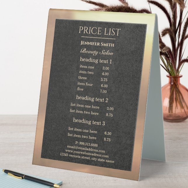 Makeup Artist Black Gold Price List Table Tent (In SItu (Table))