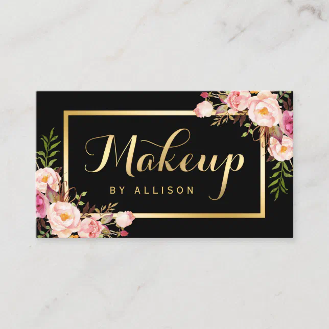 Makeup Artist Black Gold Script Floral Wrap Business Card | Zazzle