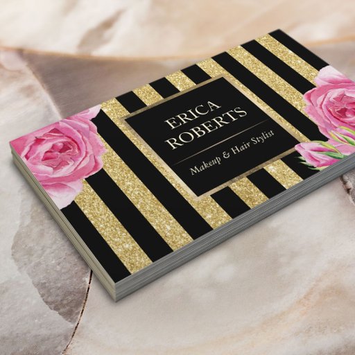 Customizable Makeup Artist Black &amp; Gold Stripes Modern Floral Business Card