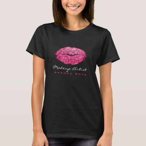 Makeup Artist Black Kiss Lips Fuchsia Pink Glitter T_Shirt