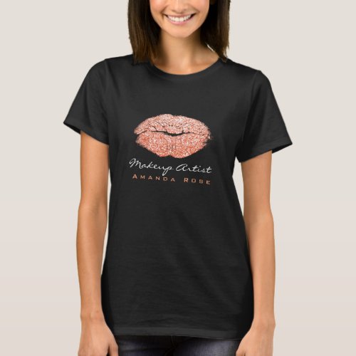 Makeup Artist Black Kiss Lips Peach Coral Glitter T_Shirt