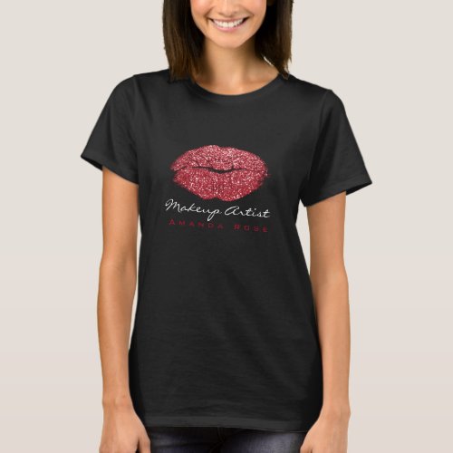 Makeup Artist Black Kiss Lips Red Rose Glitter T_Shirt