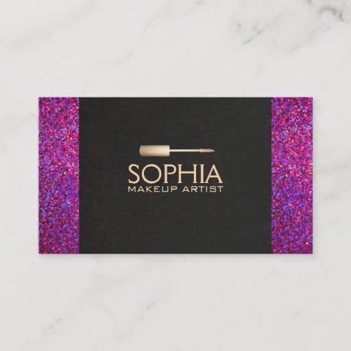 Customizable Makeup Artist Black Linen and Purple Glitter Look Business Card