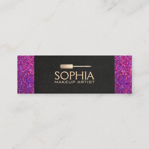 Customizable Makeup Artist Black Linen and Purple Glitter Look Business Cards