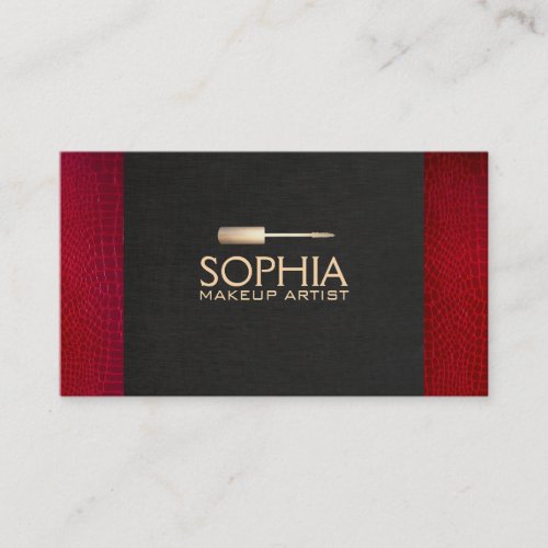 Makeup Artist Black Linen and Red Alligator Skin Business Card Template