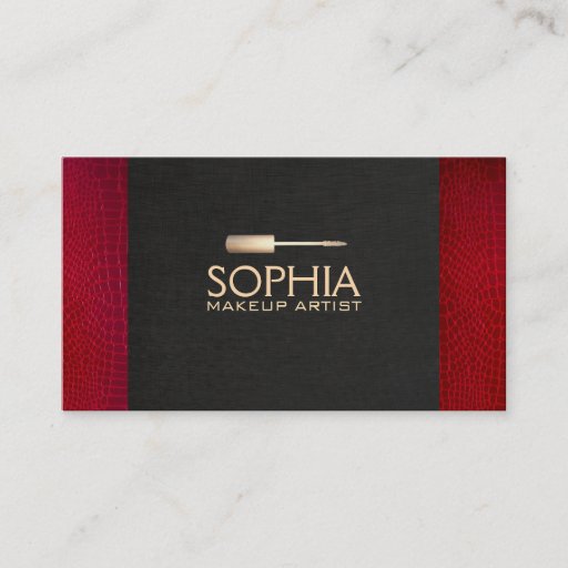 Customizable Makeup Artist Black Linen and Red Alligator Skin Business Card Template